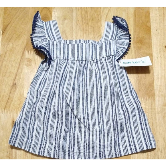 Carters Baby Girl Blue White Top Ruffle Sleeves Striped Linen Shirt Size 12M - Picture 3 of 6